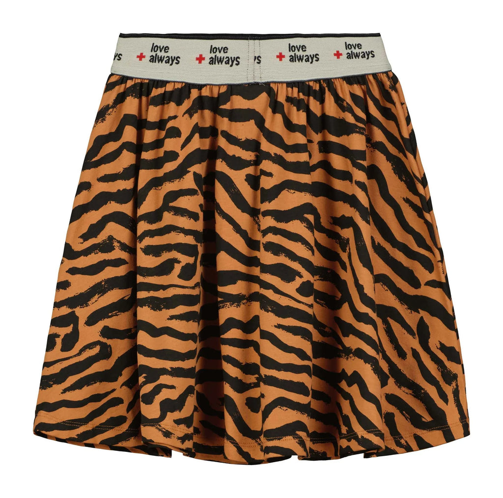 Beau Loves Tiger Stripe Skirt | full enough to twirl | Wide Elastic waistband printed 'love always' - back