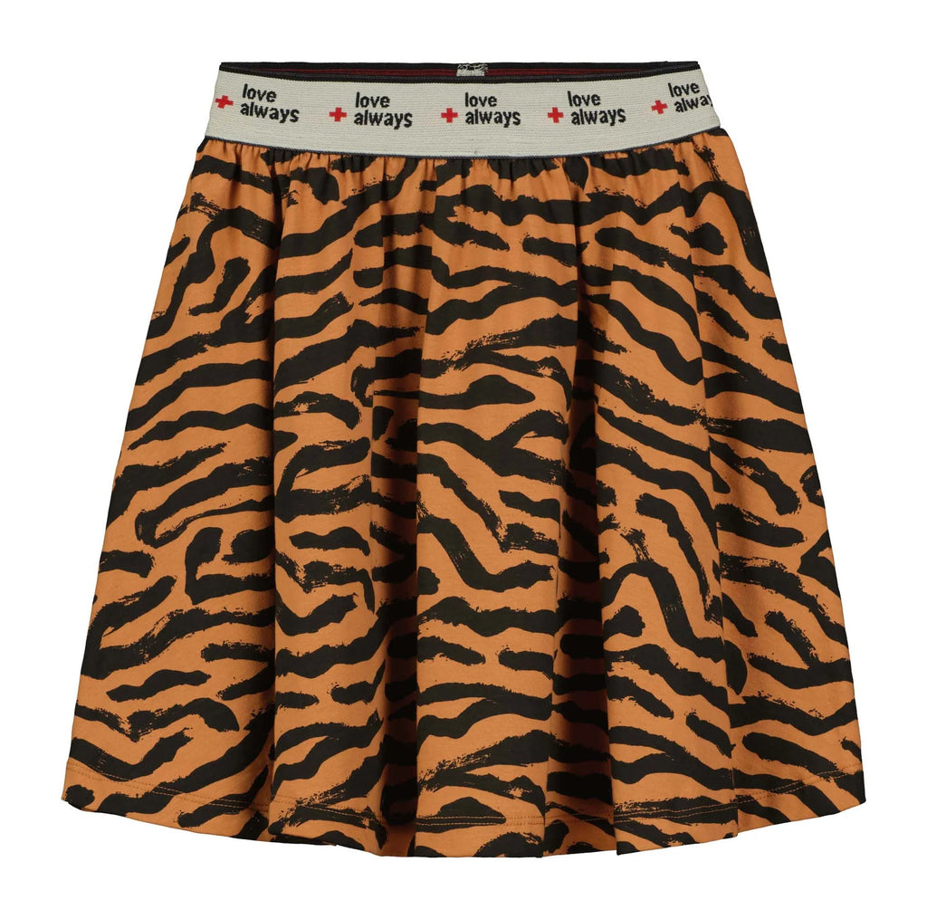 Beau Loves Tiger Stripe Skirt | full enough to twirl | Wide Elastic waistband printed 'love always' - front