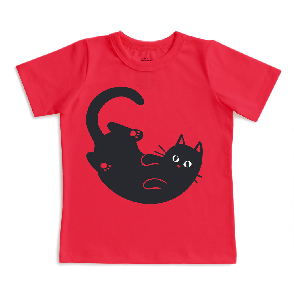 Scarlet red short sleeve tee with cat waiting for a belly scratch. All cotton. Perfect for summer play