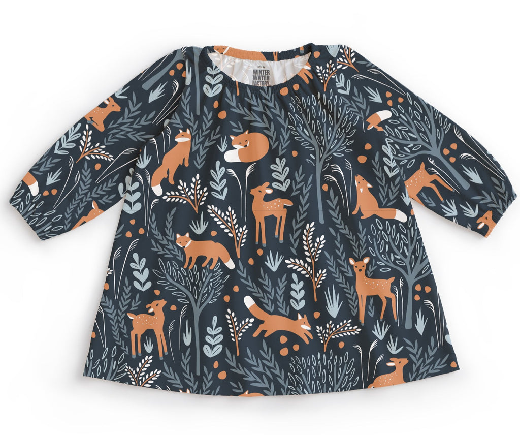Baby Dress in Dark Blue with Deer & Fox Print | Long Sleeve | Organic Cotton |  Stretch Neck for easy on/off