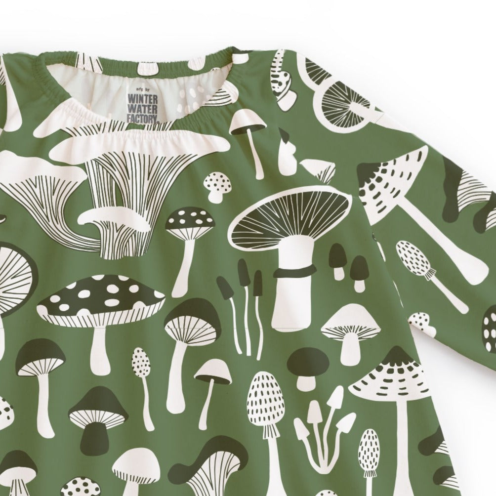 Baby Dress in Forest Green Mushroom Print Infant Dress | Long Sleeve | Organic Cotton |  Stretch at Neck for easy on/off