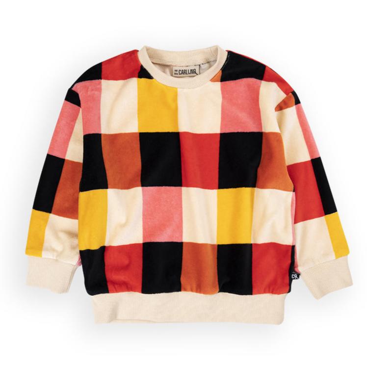 Big Check cotton Velour Kids Sweatshirt; Red/Black/Yellow; Generous Fit; Banded at neck,wrist,waist