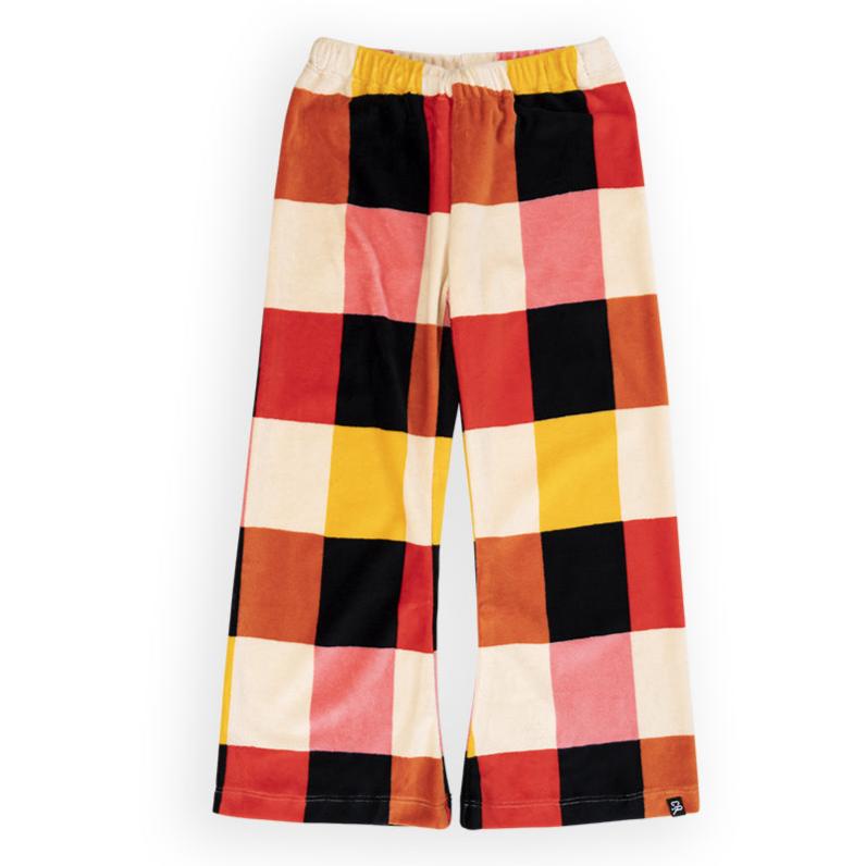 Big Check Cotton Velour Wide Leg Pant; Red/Black/Yellow; Elastic waist; Organic cotton