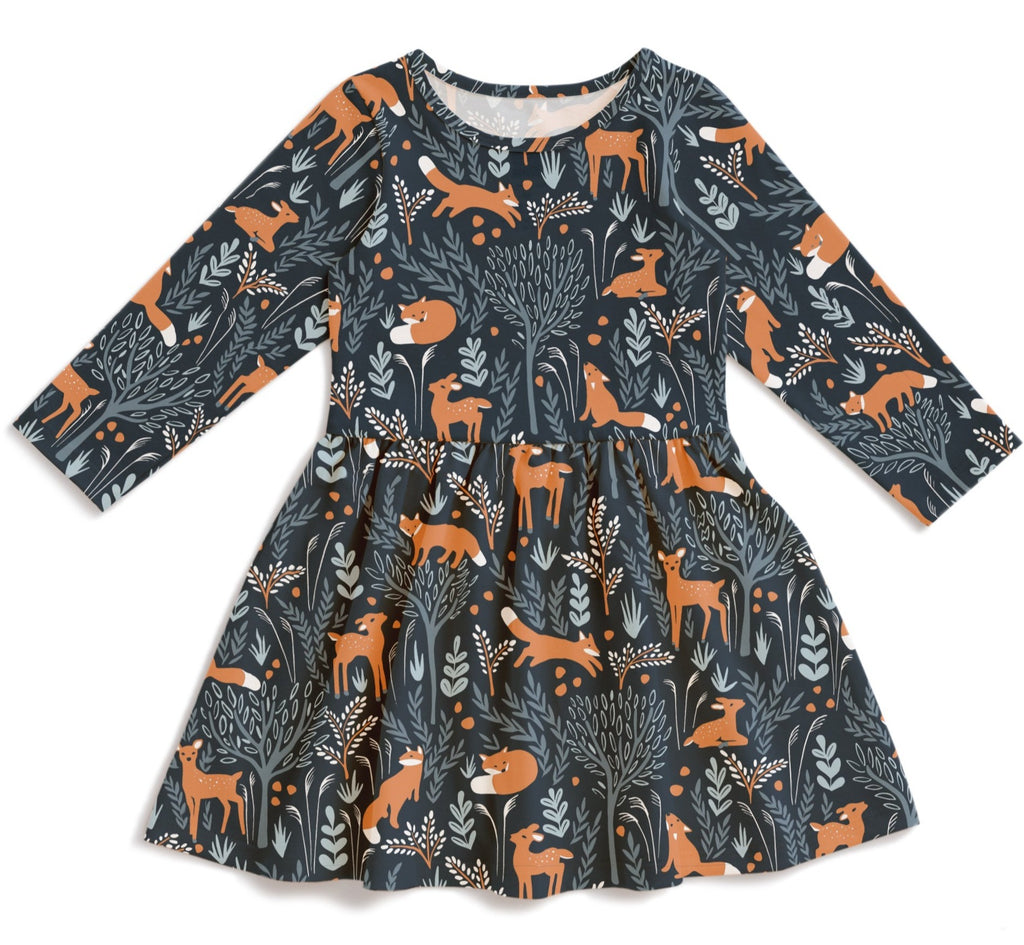 Deer & Fox Print Organic Cotton Girls Dress | Dark Blue with Brown |  Long Sleeve | Gathered at Waist | Full Skirt