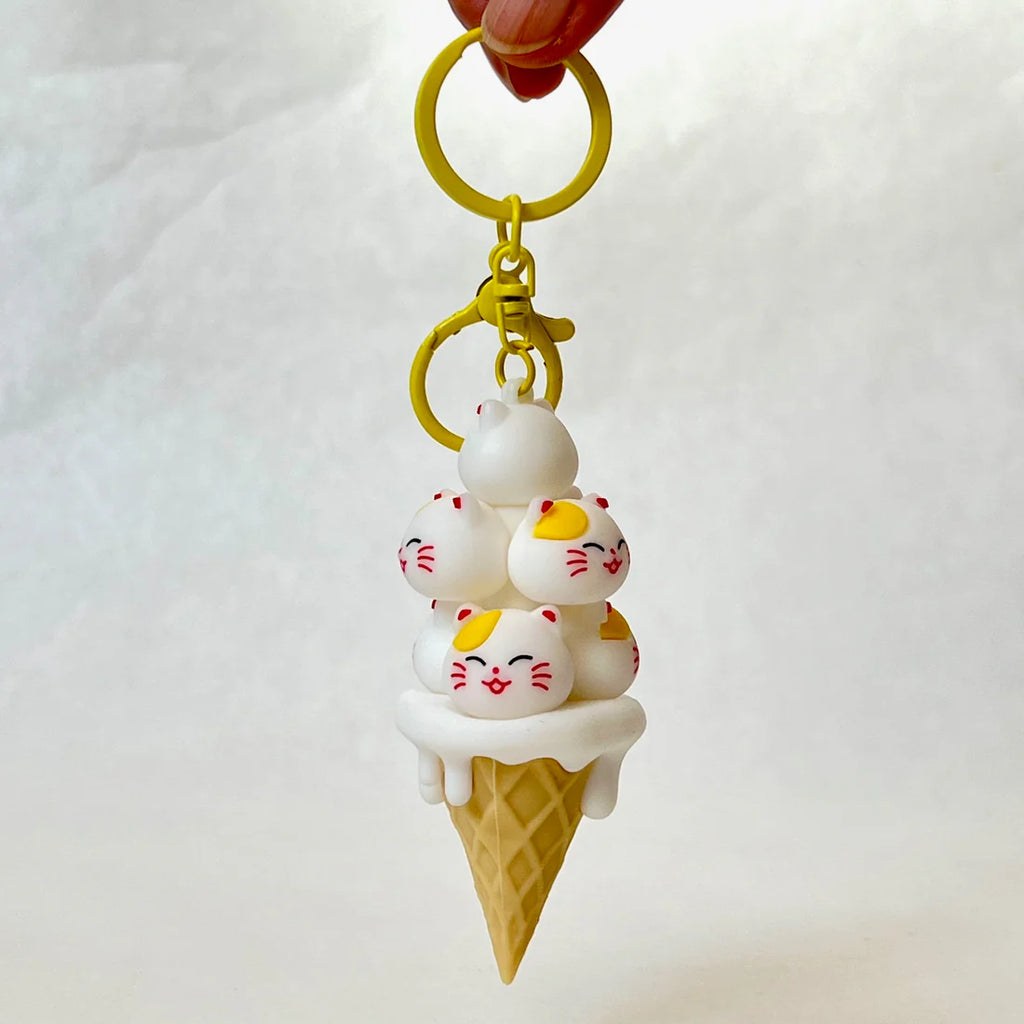 Cat Family Ice Cream Cone Bag Charm | 3" high, 1.5" wide | with keychain and clip