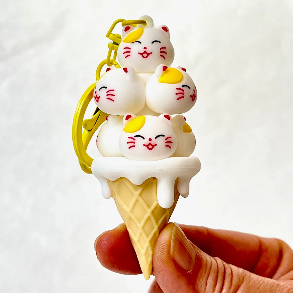 Cat Family Ice Cream Cone Bag Charm | 3" high, 1.5" wide | with keychain and clip