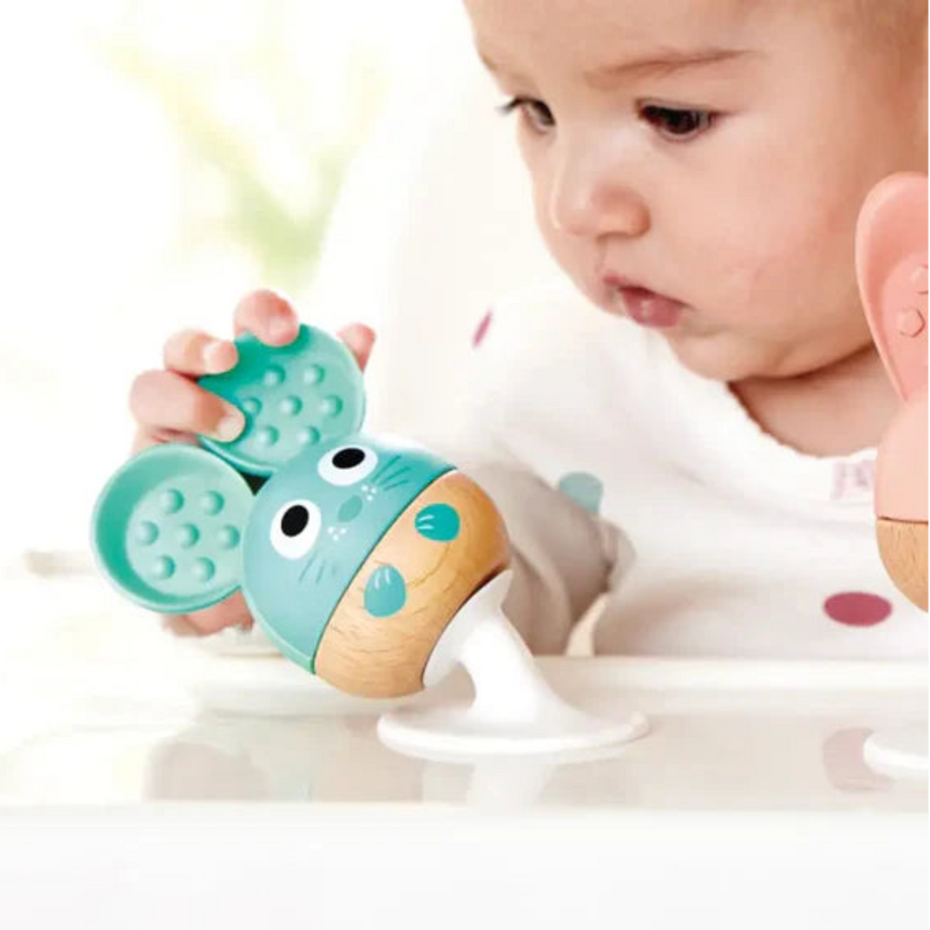 3 piece rattle set for infants | suction cups on each for attaching to a tray, table, etc. | small for little hands | non-toxic | nubbies on ears for teething