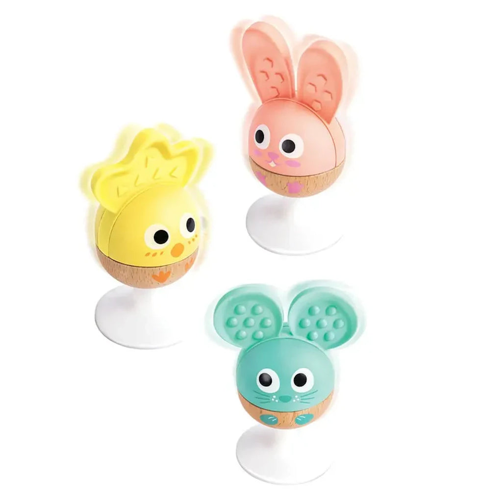 3 piece rattle set for infants | suction cups on each for attaching to a tray, table, etc. | small for little hands | non-toxic | nubbies on ears for teething