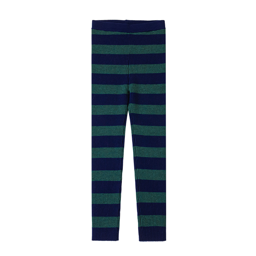 Navy/Green Wide Stripe, 100% Merino Wool Kids Leggings - front 