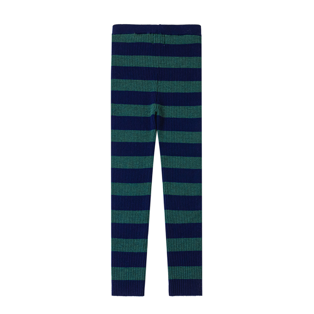 Navy/Green Wide Stripe, 100% Merino Wool Kids Leggings - back
