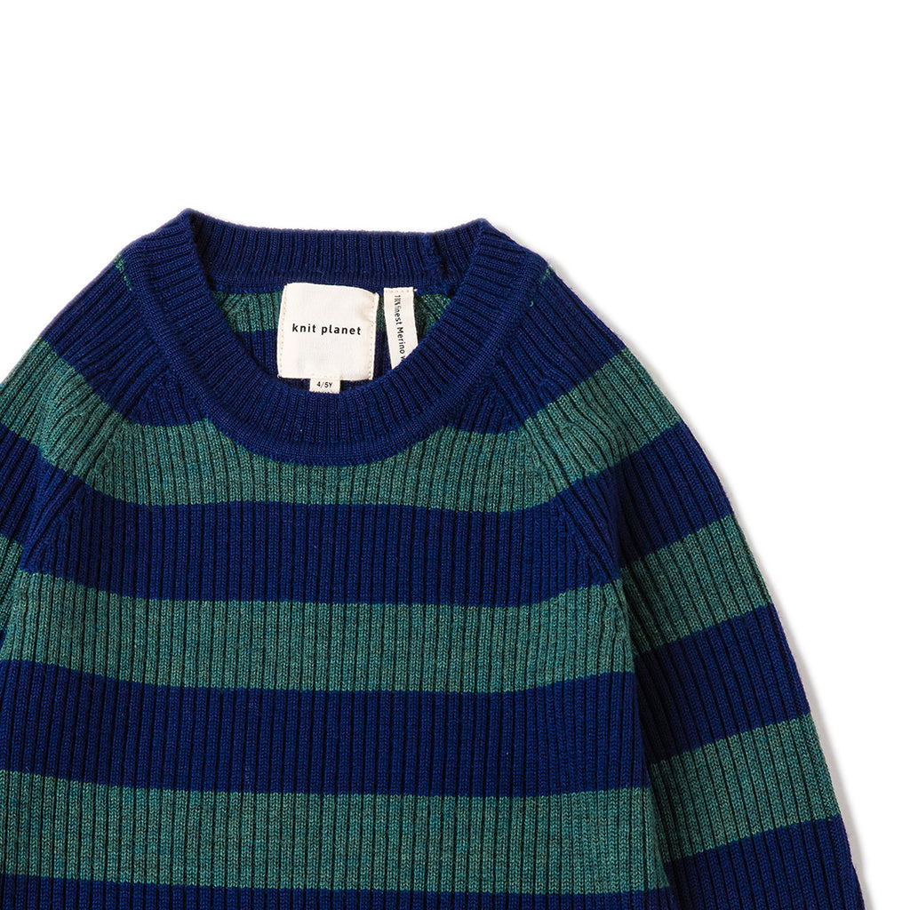 Merino Wool Navy/Green Wide Stripe Long Sleeve Top - closeup