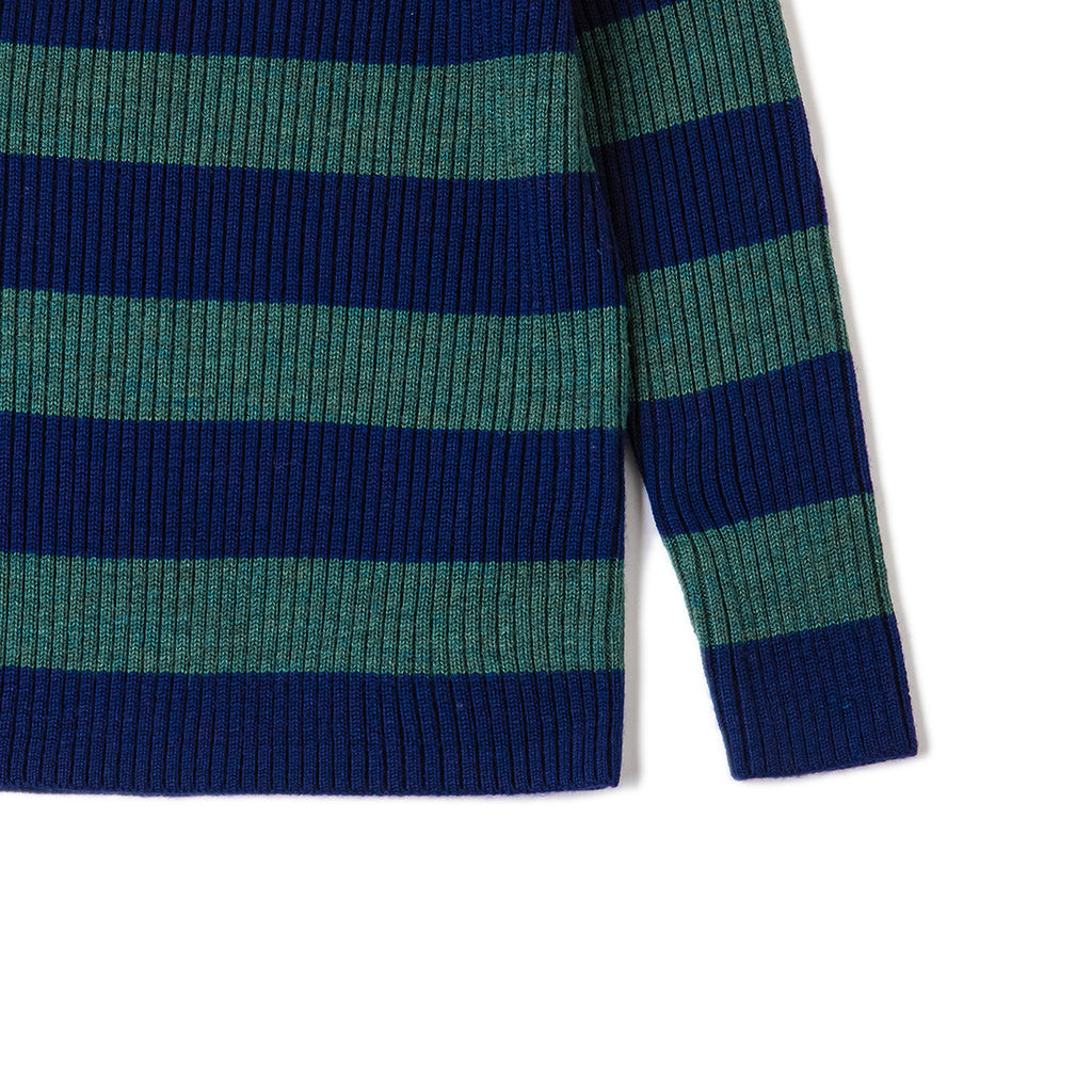 Merino Wool Navy/Green Wide Stripe Long Sleeve Top - hem