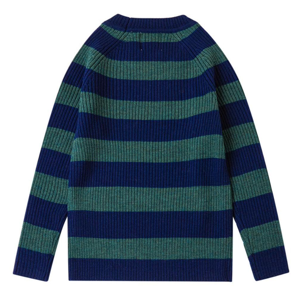 Merino Wool Navy/Green Wide Stripe Long Sleeve Top - back