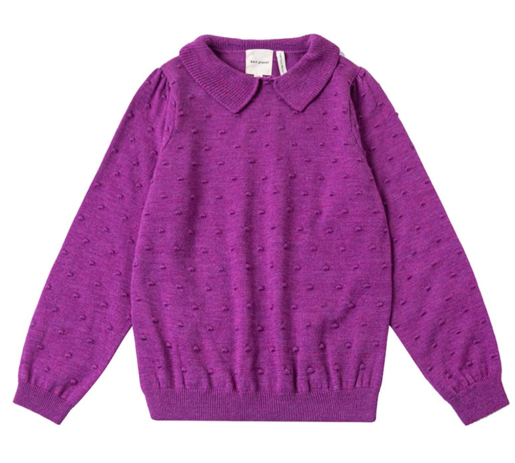 Fushia Merino Wool Dotted Long Sleeve Top with Collar | Ribbed at wrist and waist |  