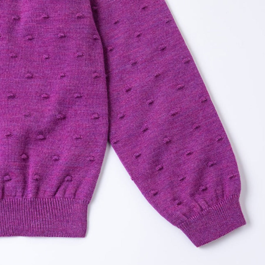 Fushia Merino Wool Dotted Long Sleeve Top with Collar | Ribbed at wrist and waist - closeup