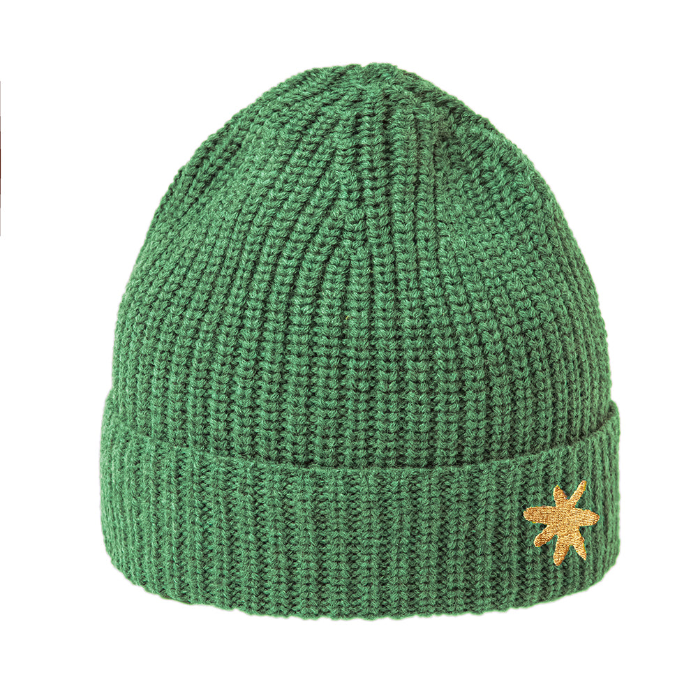 Merino Wool Knit Hat | One Size - fits ages 5-10 years | Green Hat w/cuff & Embroidered Star