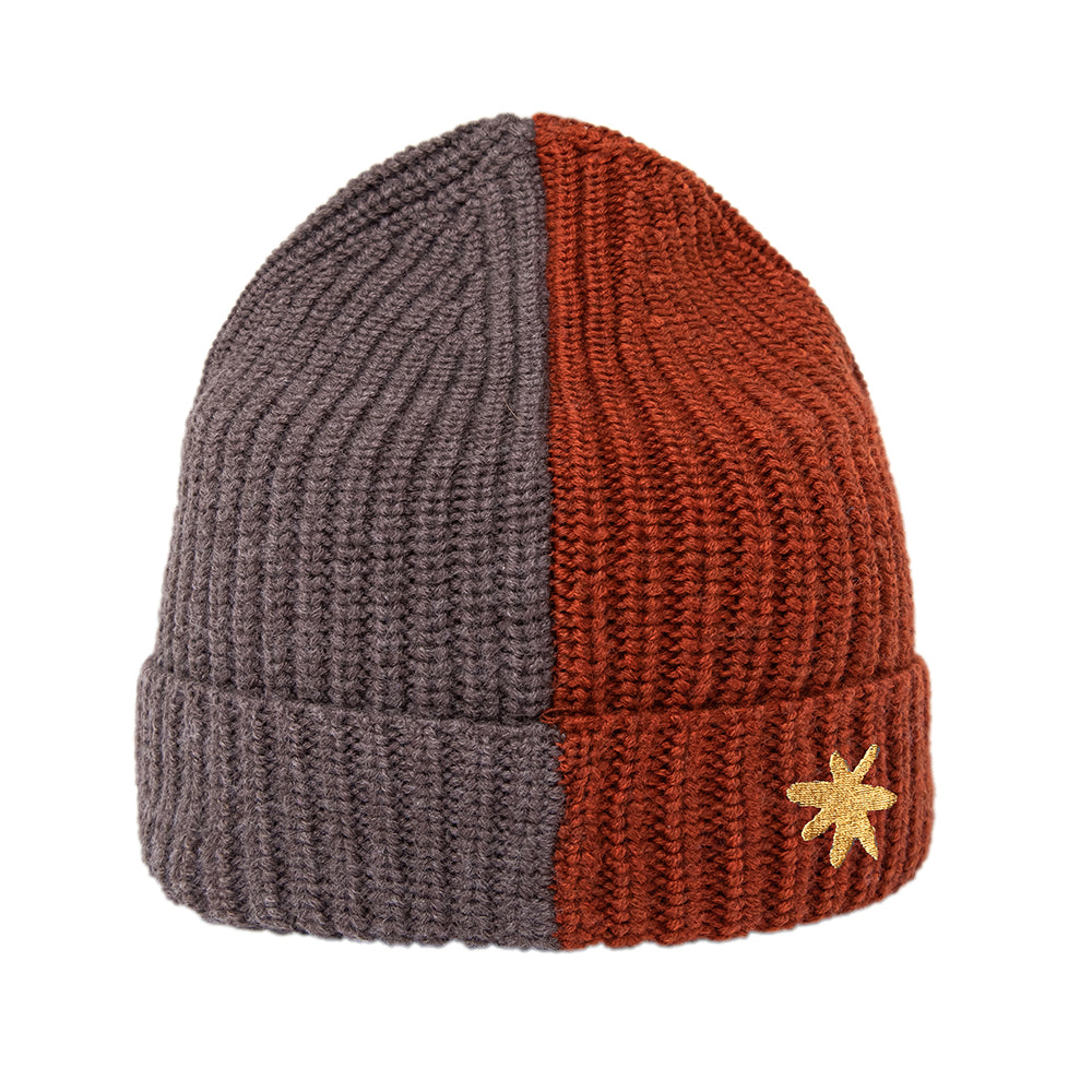 Merino Wool Knit Hat | One Size - fits ages 5-10 years | Half Gray-Half Rust color with embroidered star