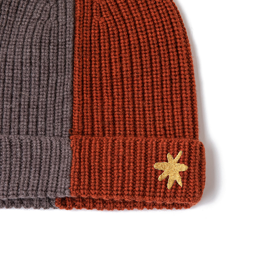 Merino Wool Knit Hat | One Size - fits ages 5-10 years | Half Gray-Half Rust color with embroidered star - closeup