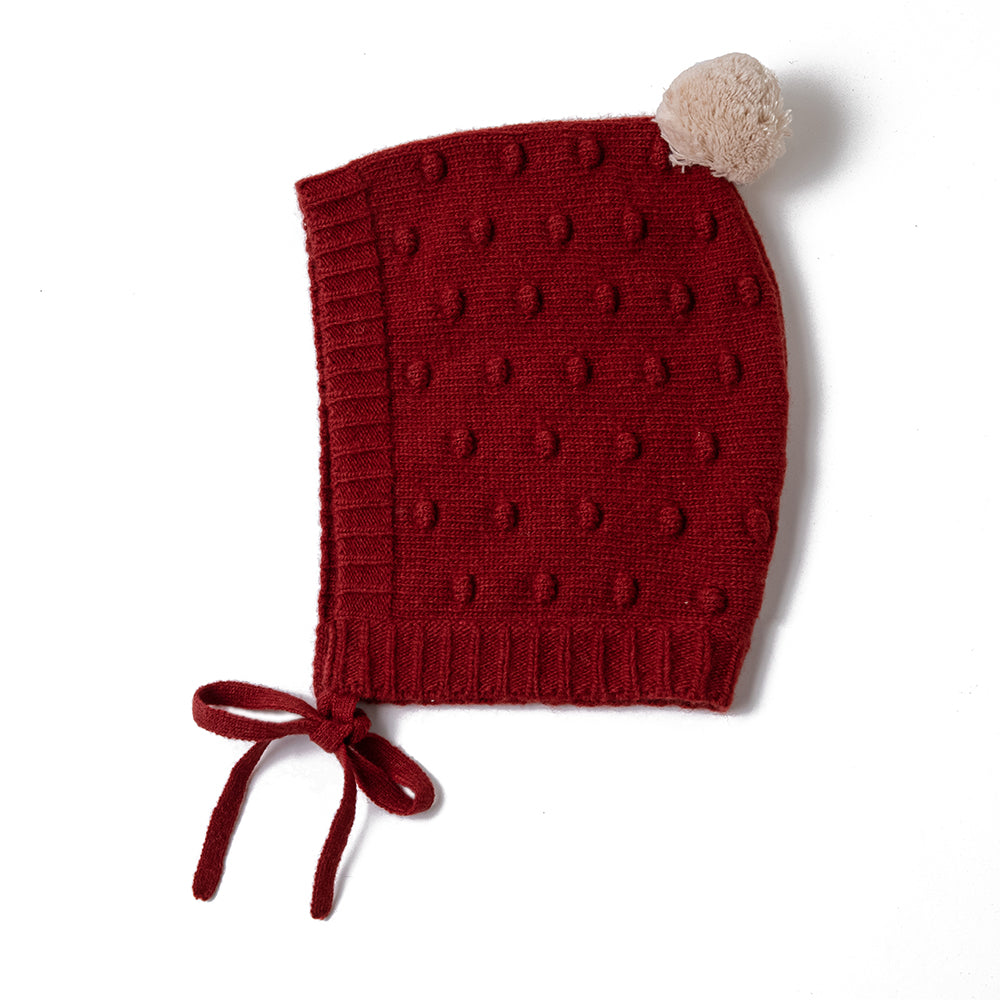 Merino Wool Knit Hat with Chin Strap | One Size - fits ages 5-10 years | Red with Cream Pom