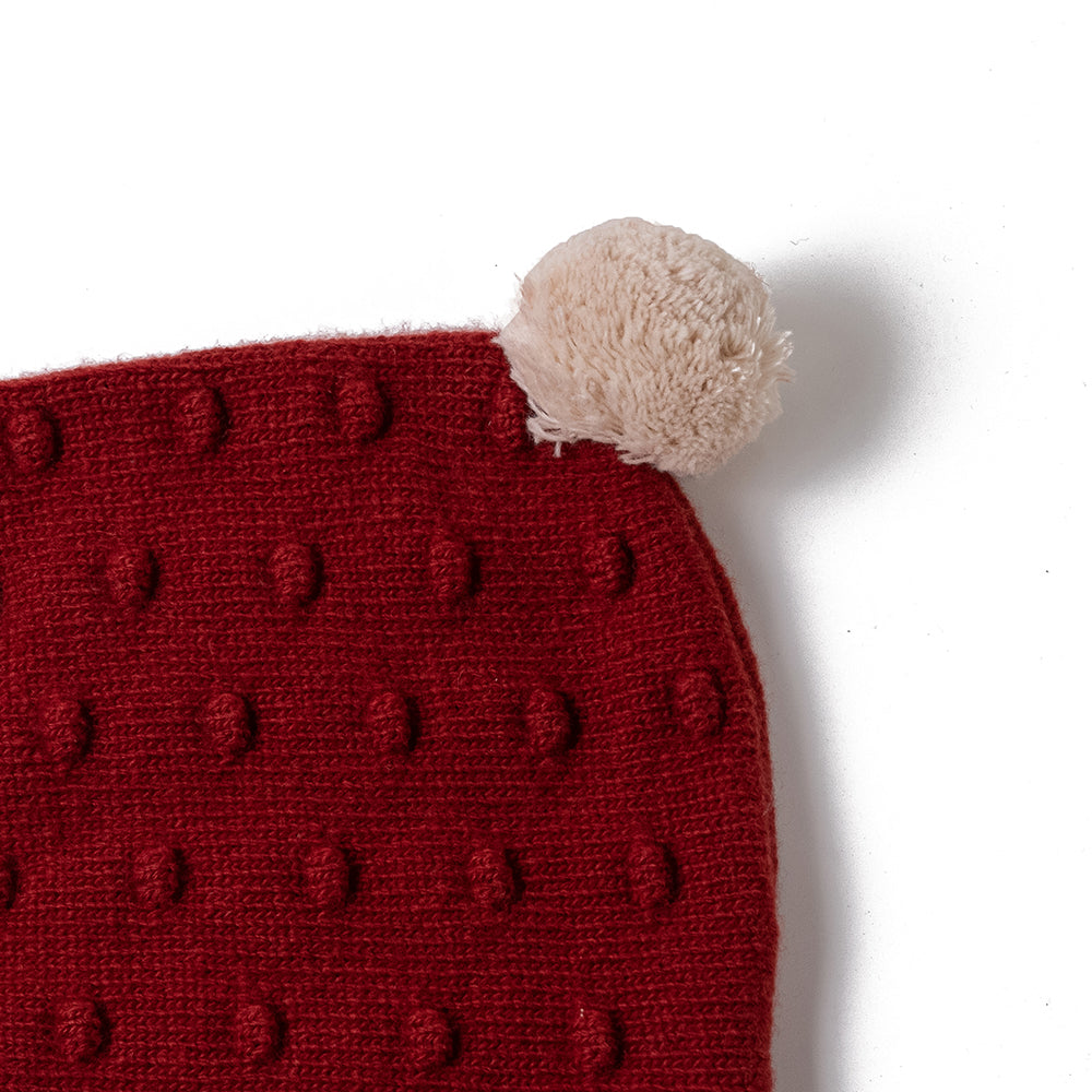 Merino Wool Knit Hat with Chin Strap | One Size - fits ages 5-10 years | Red with Cream Pom-closeup