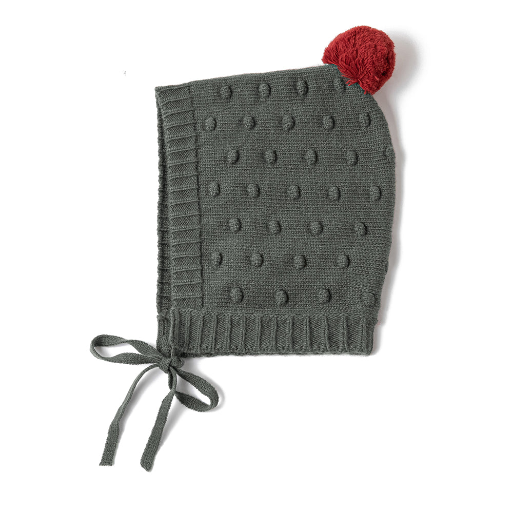 Merino Wool Knit Hat with Chin Strap | One Size - fits ages 5-10 years | Gray with Red Pom