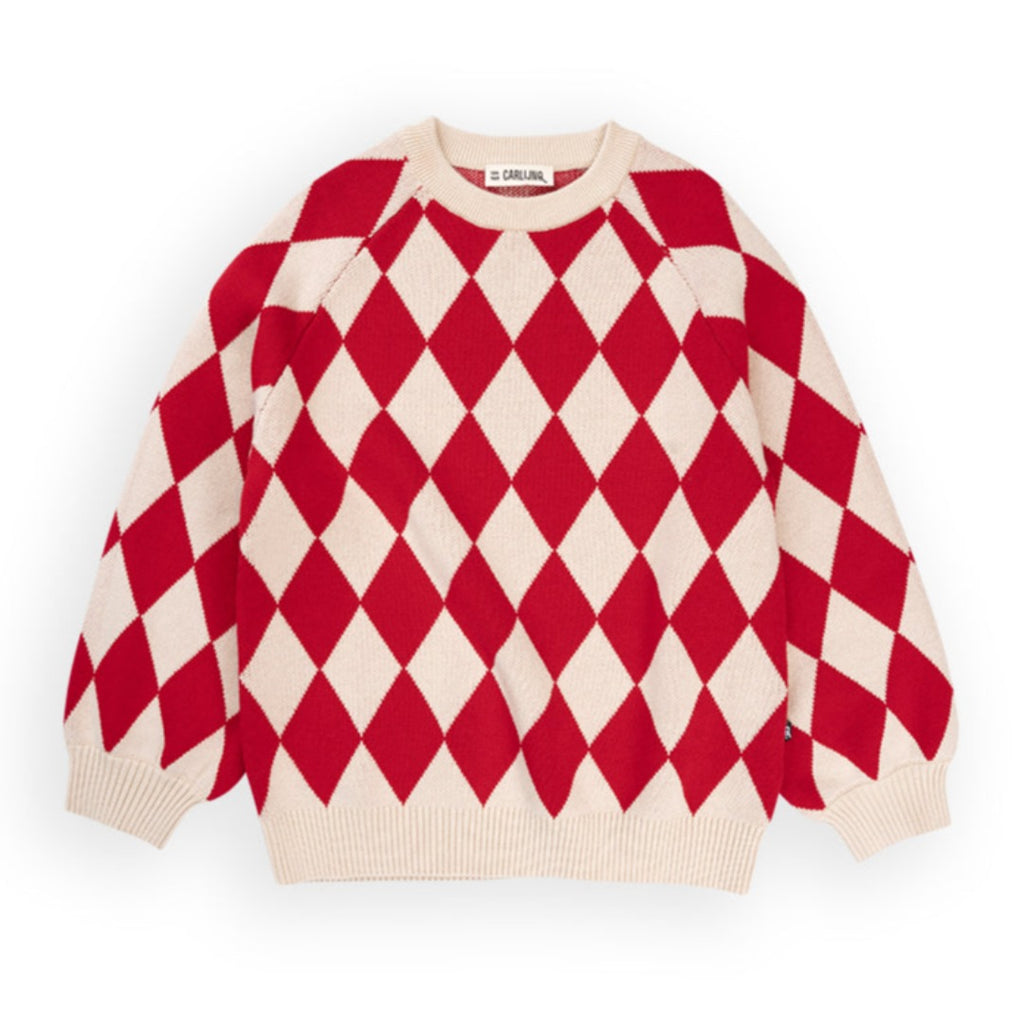 Red & White large Diamond Knit Cotton Sweater; Raglan Sleeves; Ribbed at neck, wrist and waist