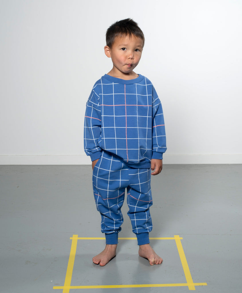 Organic Cotton Blue Sweatpants in white/red grid print | Infant to Size 10 | Elastic Waist/Cuffed Ankles | Top Quality and Ultra Comfortable  - lifestyle