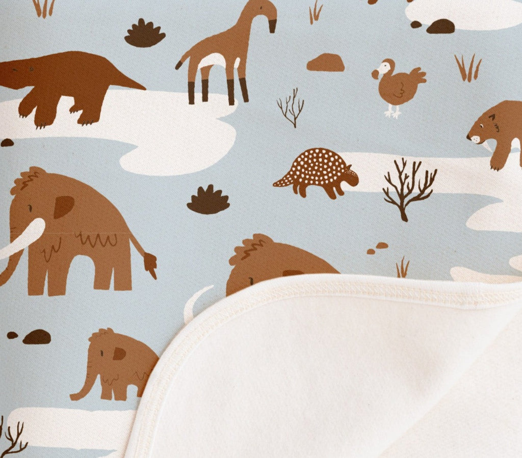 Organic cotton Ice Age Animal  Print Baby Blanket | 27"x32" | Light Blue | White backing 
