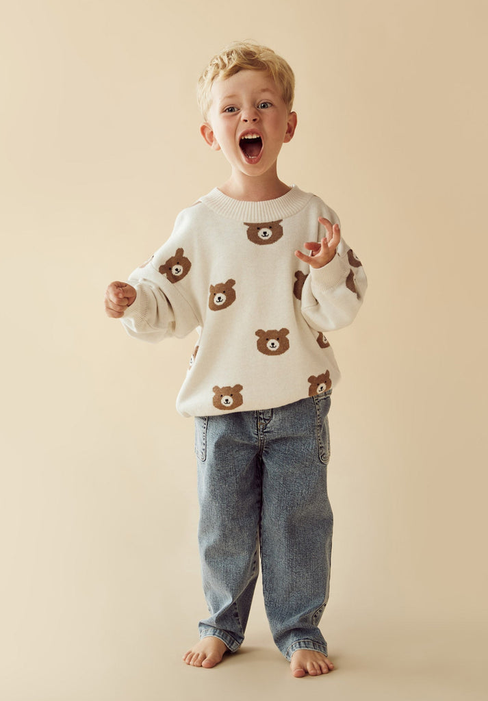 Beige knit cotton sweater with brown bear faces | infant\toddler | ribbed at wrist and waist | YES!