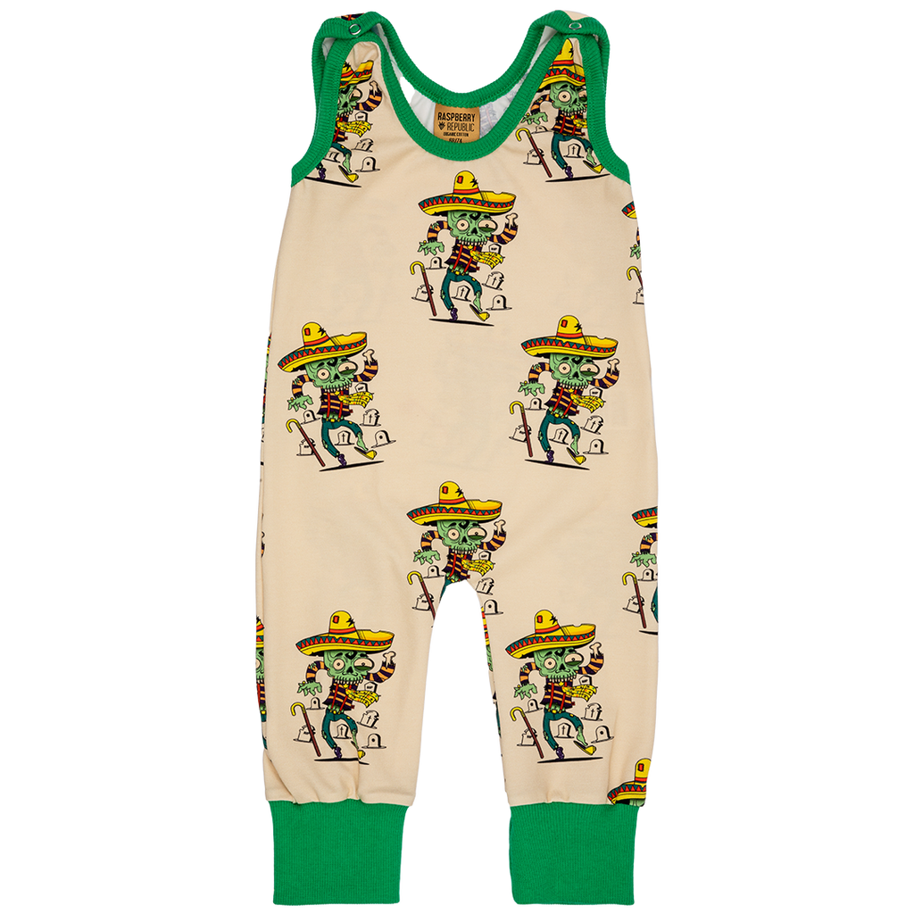 Organic Cotton Infant Dungaree with Festive Skeleton Graphic |  Ribbed at ankles | Single Snap Close at Shoulder