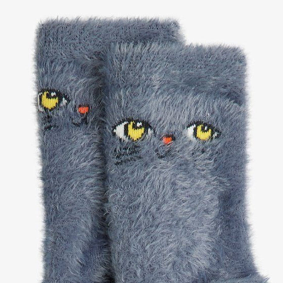 Warm and fuzzy cat face socks! Gray with embroidered cat faces on the sides | crew socks | sizes 1 thru 14 yrs | 