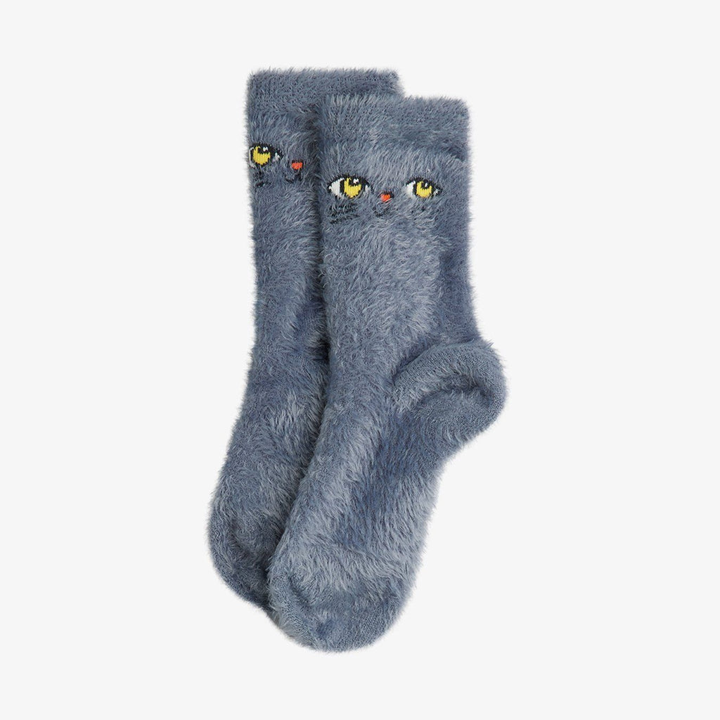 Warm and fuzzy cat face socks! Gray with embroidered cat faces on the sides | crew socks | sizes 1 thru 14 yrs | 