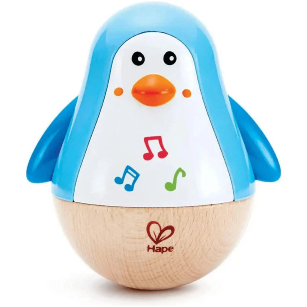 Musical Wobbling Penguin for ages 6 months and up | Arms flap as music plays when it wobbles | It starts to wobble when infant plays with it | no moving parts except the wings 'flap' a bit | 5" tall