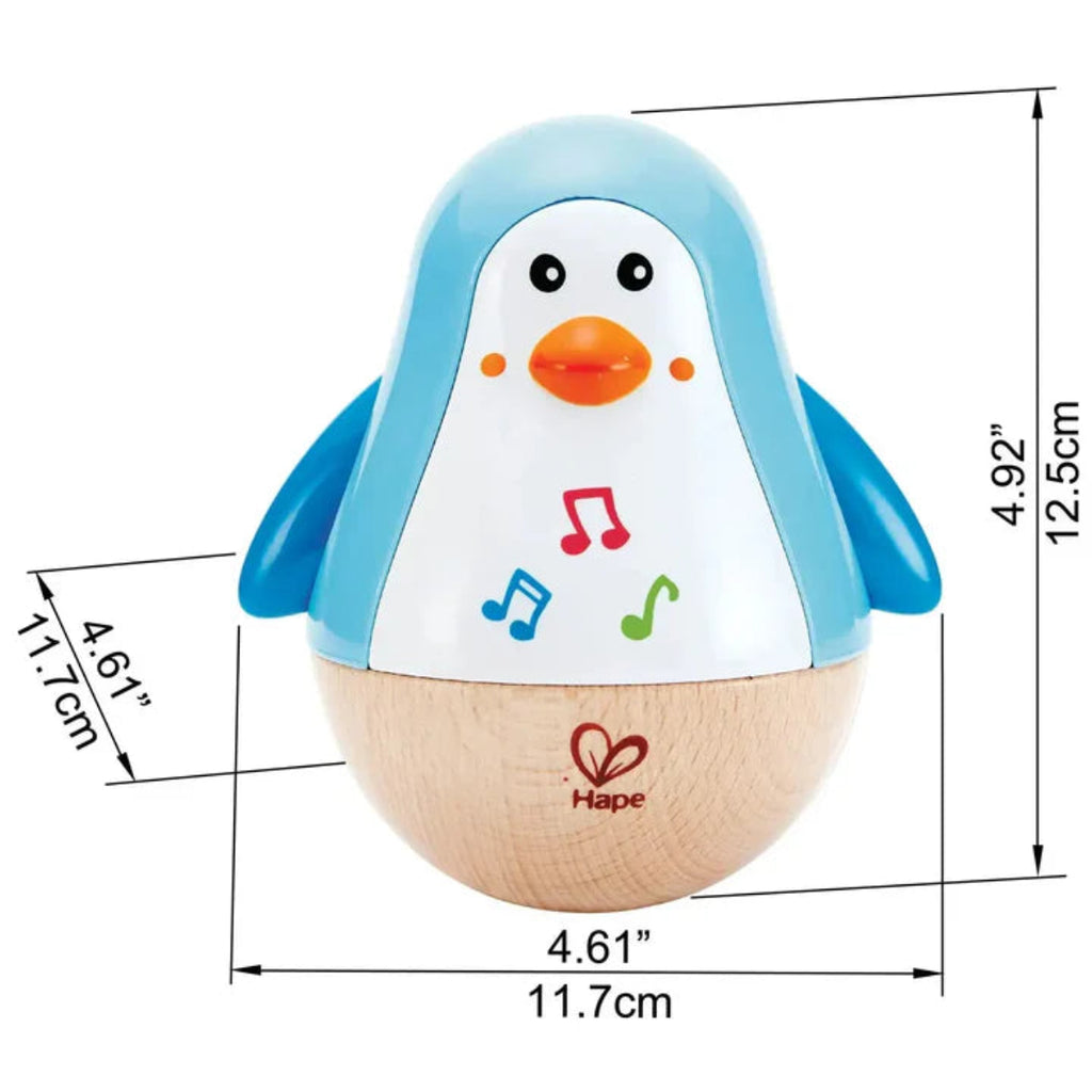Musical Wobbling Penguin for ages 6 months and up | Arms flap as music plays when it wobbles | It starts to wobble when infant plays with it | no moving parts except the wings 'flap' a bit | 5" tall | dimensions