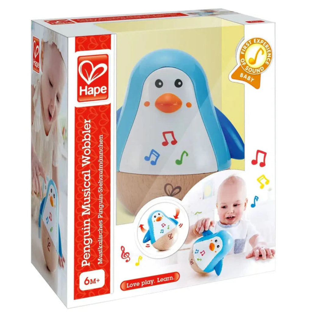 Musical Wobbling Penguin for ages 6 months and up | Arms flap as music plays when it wobbles | It starts to wobble when infant plays with it | no moving parts except the wings 'flap' a bit | 5" tall | packaging