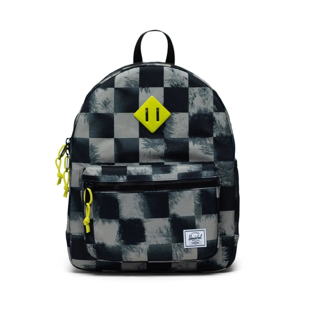 Herschel Youth Backpack | styled for 8-12 years | black Stencil Check | laptop sleeve | front pocket | water bottle holder  | made from recycled fabrics | 15"(H) x 12"(W) x 5.75"(D)