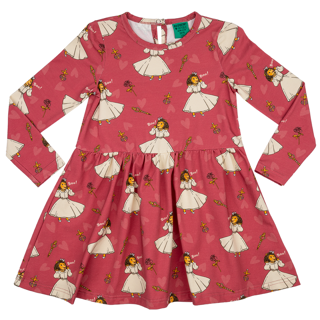 Raspberry Republic Lion Queen Cotton Dress | Mauve Pink | Knee Length | Gathered Waist | Long Sleeve 