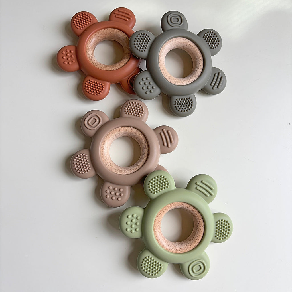 Textured BPA free silicone teether on wooden ring | separates for easy cleaning| 4 colors | sold separately | sensory stimulation