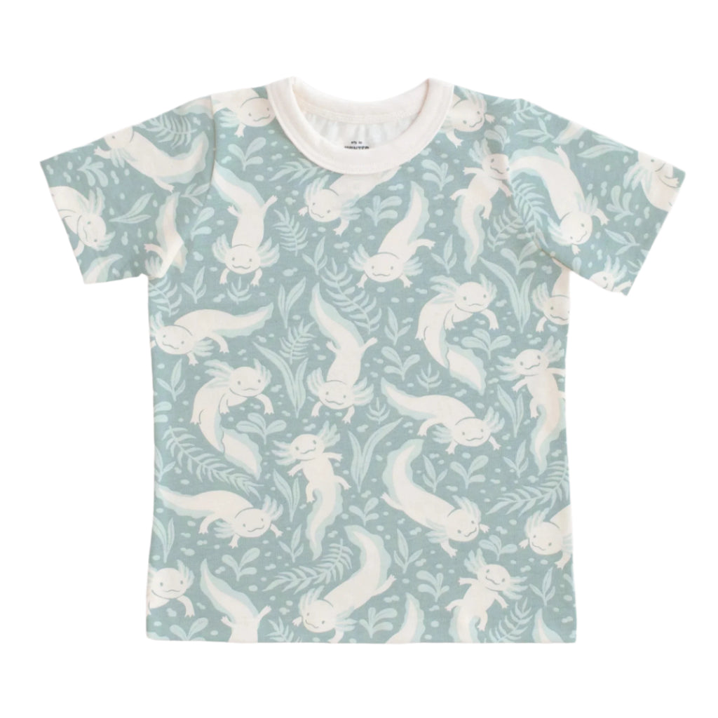 Light blue short sleeve shirt with a fun Axolotls print. White piping at neck. Open waist