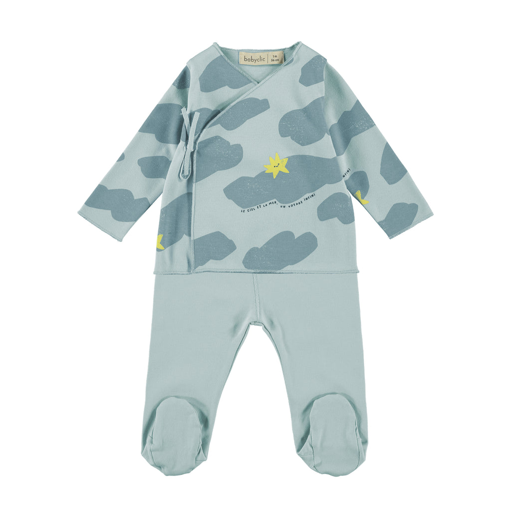 Newborn 2-Piece Coming Home Set in Water & Sky Print | Wrap front with Ribbon Ties | Footed Pant with soft elastic waist 
