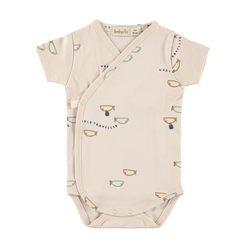 Little Fishes Print on a Soft Organic Cotton Short Sleeve Onesie | Wrap Closure in front | Inside closes with a ribbon tie | Snaps at legs for changing