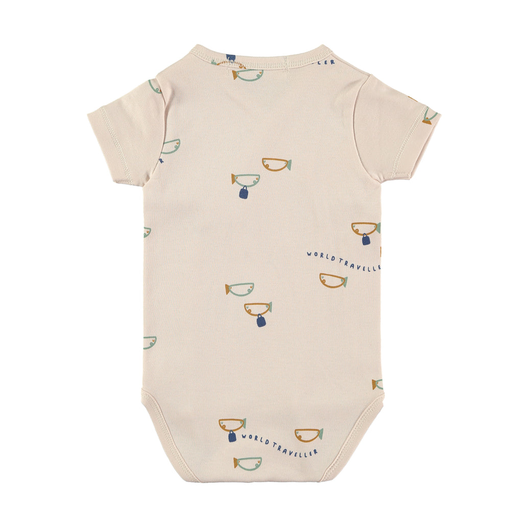 Little Fishes Print on a Soft Organic Cotton Short Sleeve Onesie | Wrap Closure in front | Inside closes with a ribbon tie | Snaps at legs for changing - back