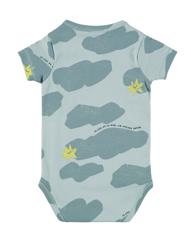 Baby Blue Sky & Clouds Print with a Peek-a-boo sun on a Soft Organic Cotton Short Sleeve Onesie | Wrap Closure in front | Inside closes with a ribbon tie | Snaps at legs for changing - back