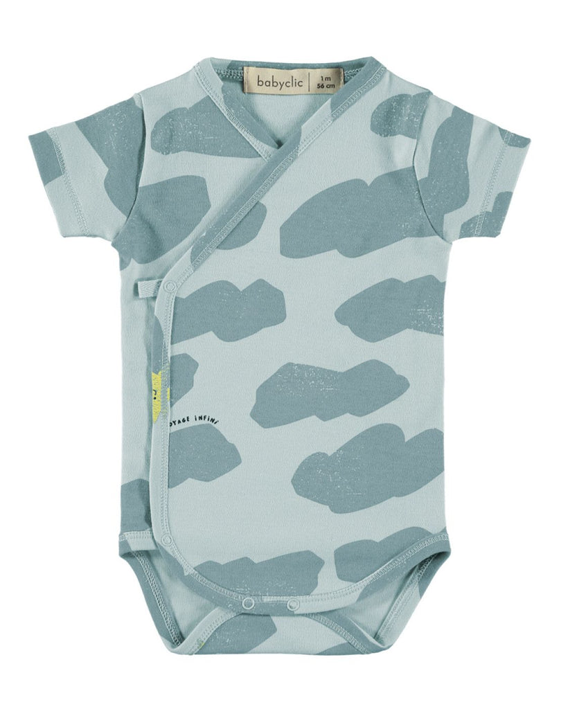 Baby Blue Sky & Clouds Print on a Soft Organic Cotton Short Sleeve Onesie | Wrap Closure in front | Inside closes with a ribbon tie | Snaps at legs for changing