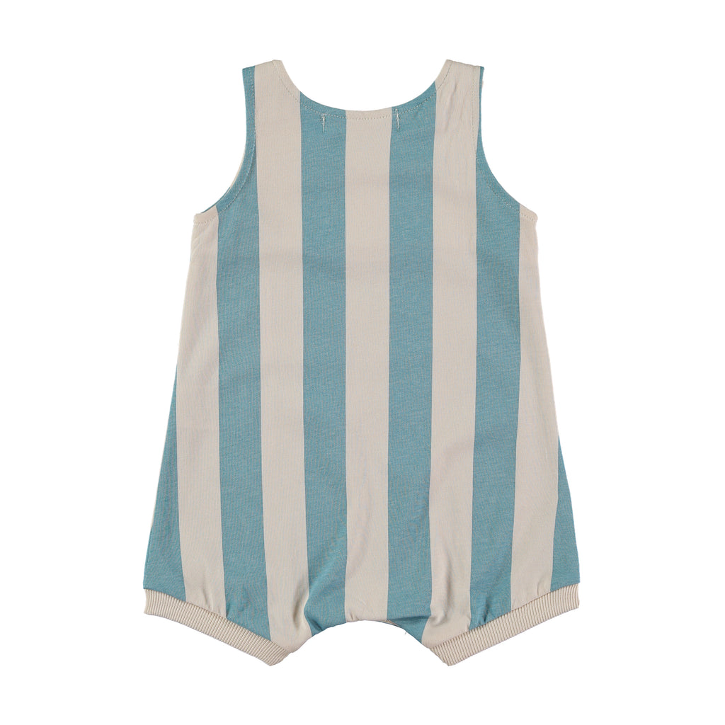 One Piece Sailboat Design Organic Cotton Interlock Stretch Blue & White Striped Romper for  Baby | Sleeveless with Button Close at Shoulder | Snaps at Legs for Easy Changes -back