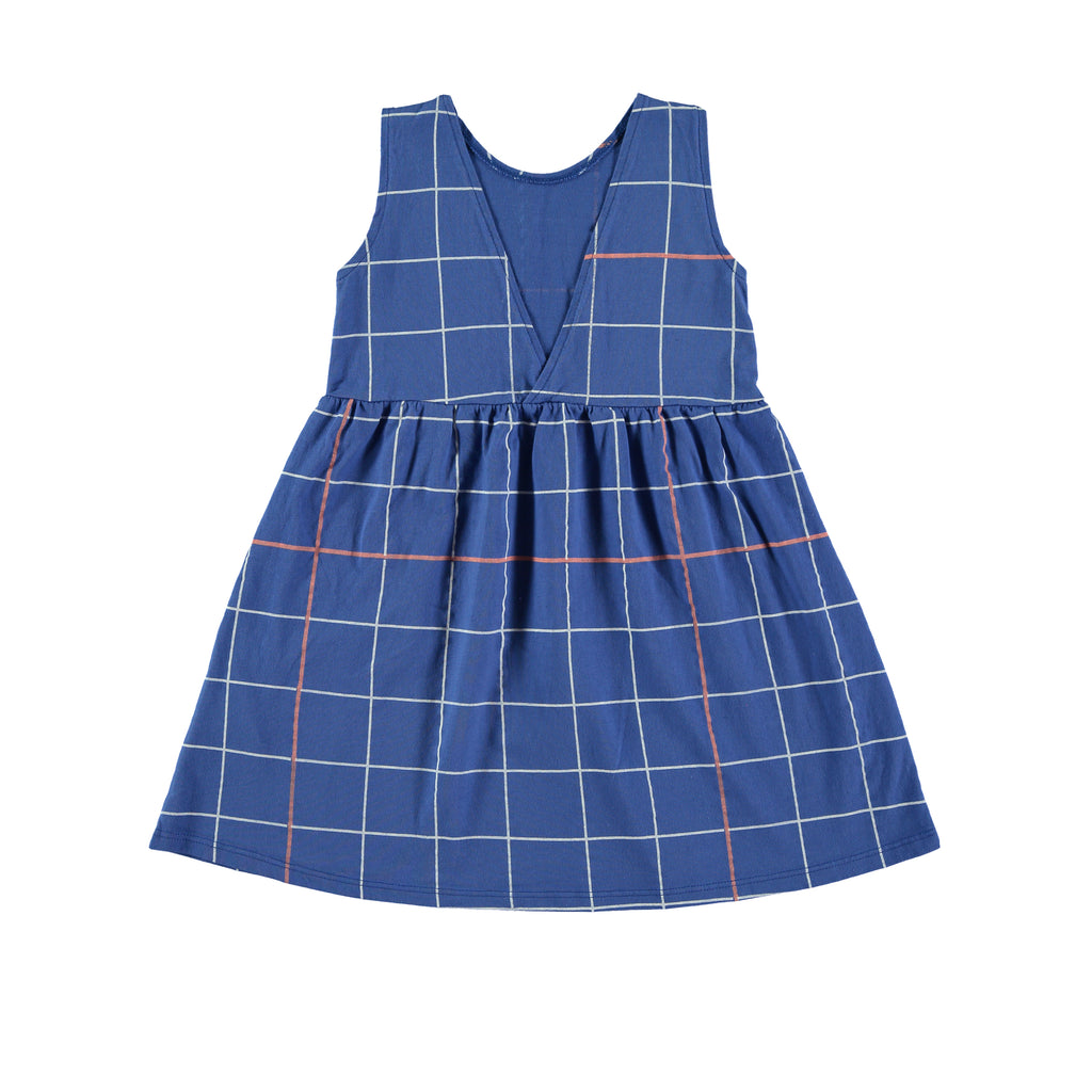 Organic Cotton Blue Girls Dress in white/red grid print | Infant to Size 10 | Sleeveless w/ Gathered Waist | Top Quality and Ultra Comfortable  - Back V-Close