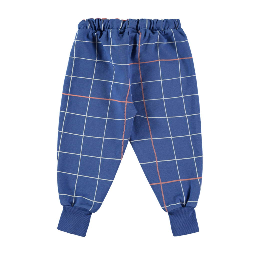 Organic Cotton Blue Sweatpants in white/red grid print | Infant to Size 10 | Elastic Waist/Cuffed Ankles | Top Quality and Ultra Comfortable  - back of pant