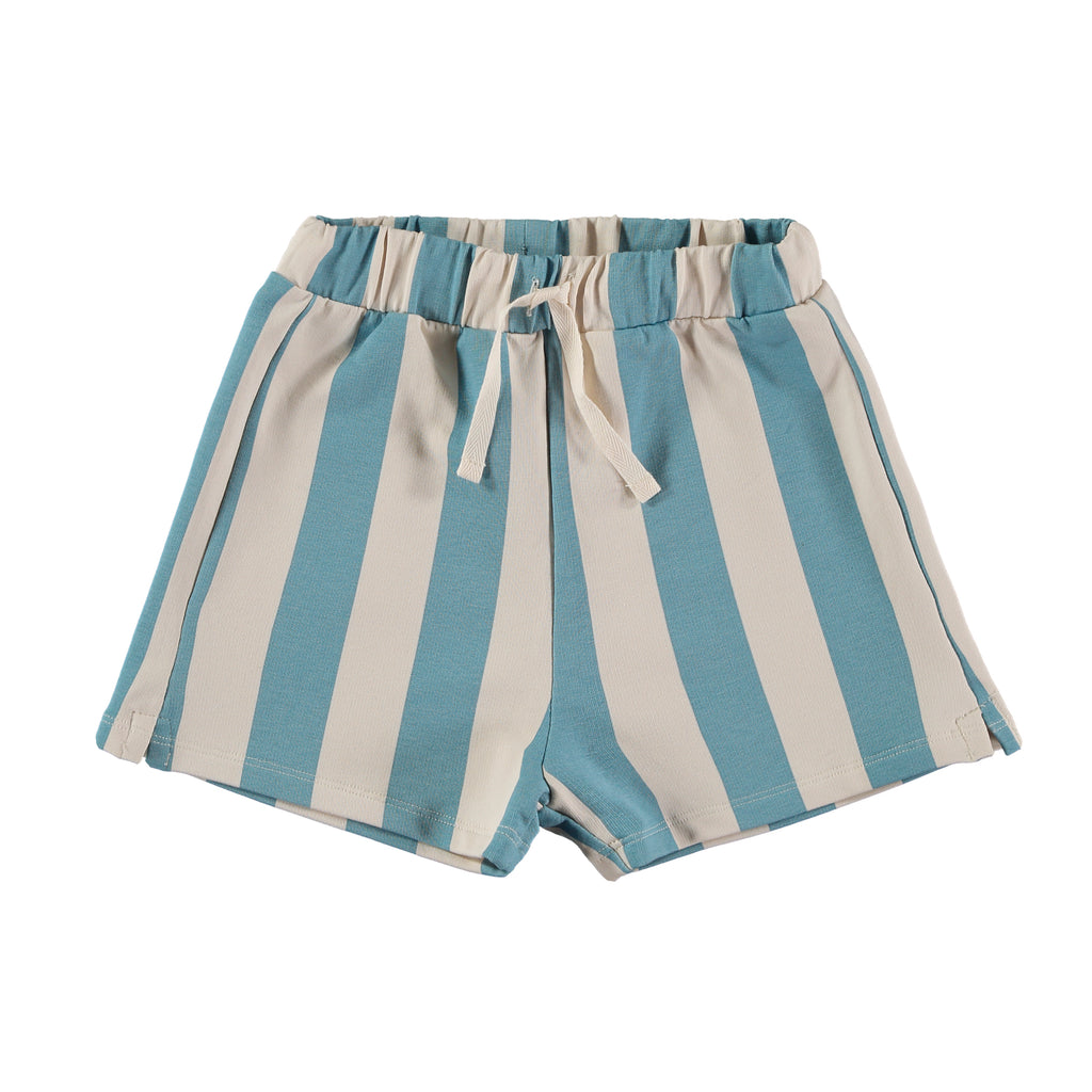 Blue Wide Stripe Organic Cotton Summer Short | Elastic Waist with Drawstring | Super Soft  - Front of Short