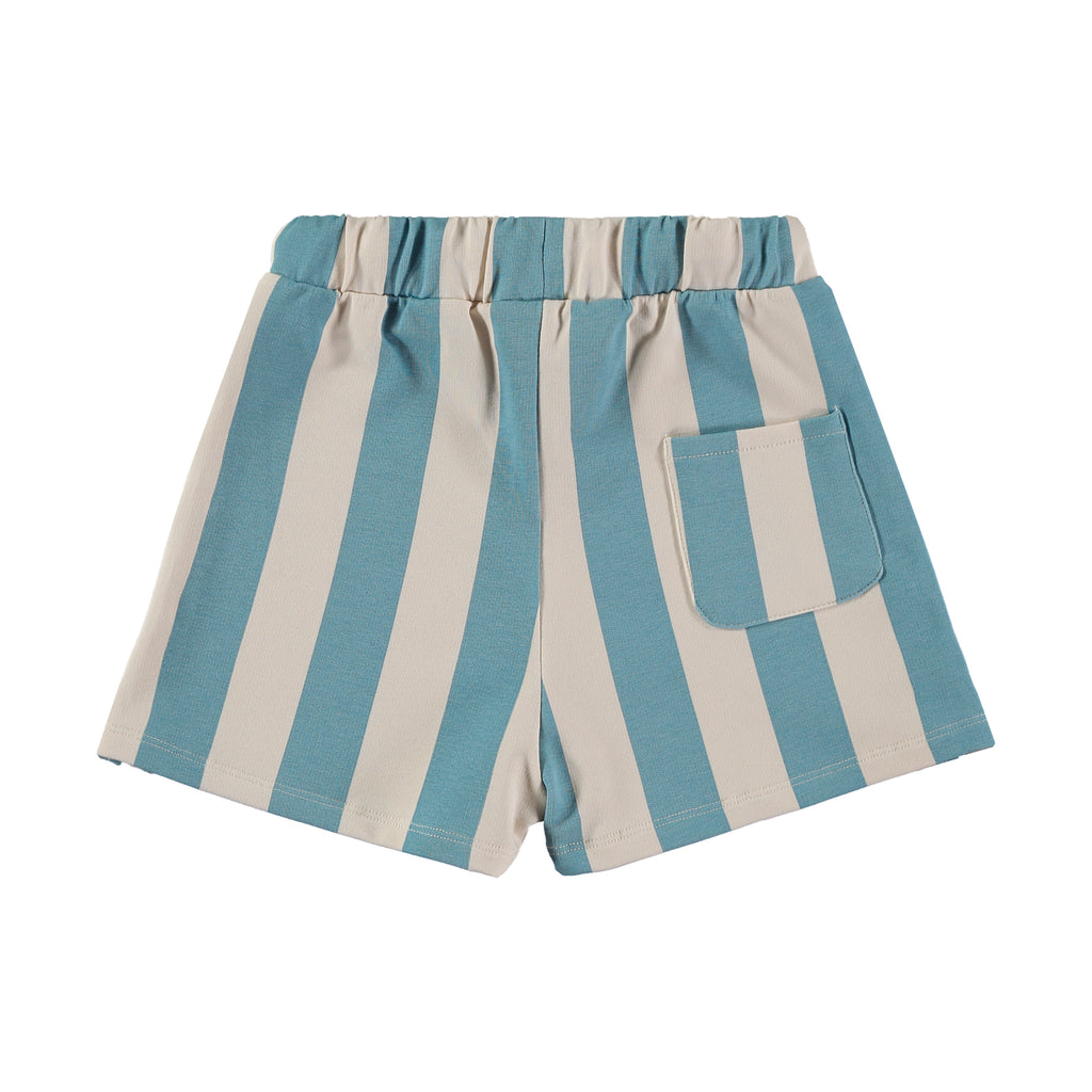 Blue Wide Stripe Organic Cotton Summer Short | Elastic Waist with Drawstring | Super Soft - Back of Short