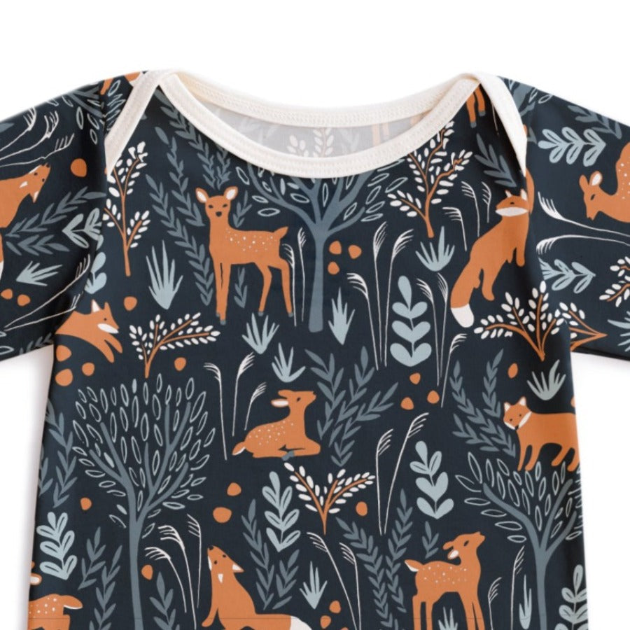 Dark Blue Baby One-piece Romper with Deer & Foxes in the Woods |  Long Sleeve | Lap Neck Opening | Snaps at legs